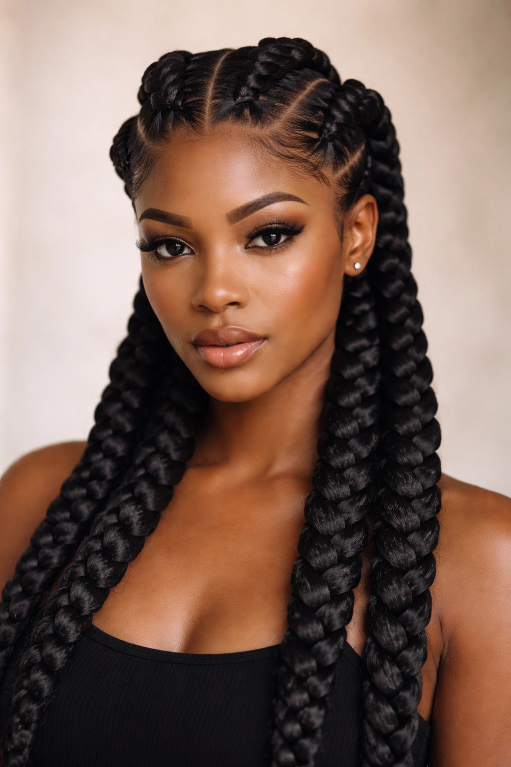 Front view of three jumbo knotless cornrows with thick rope-like braids