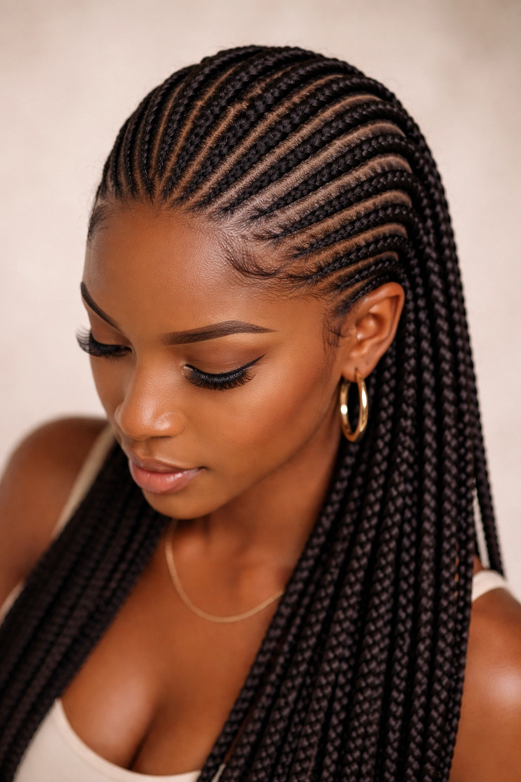 Close-up of jumbo-sized micro cornrows showing thicker micros on the scalp