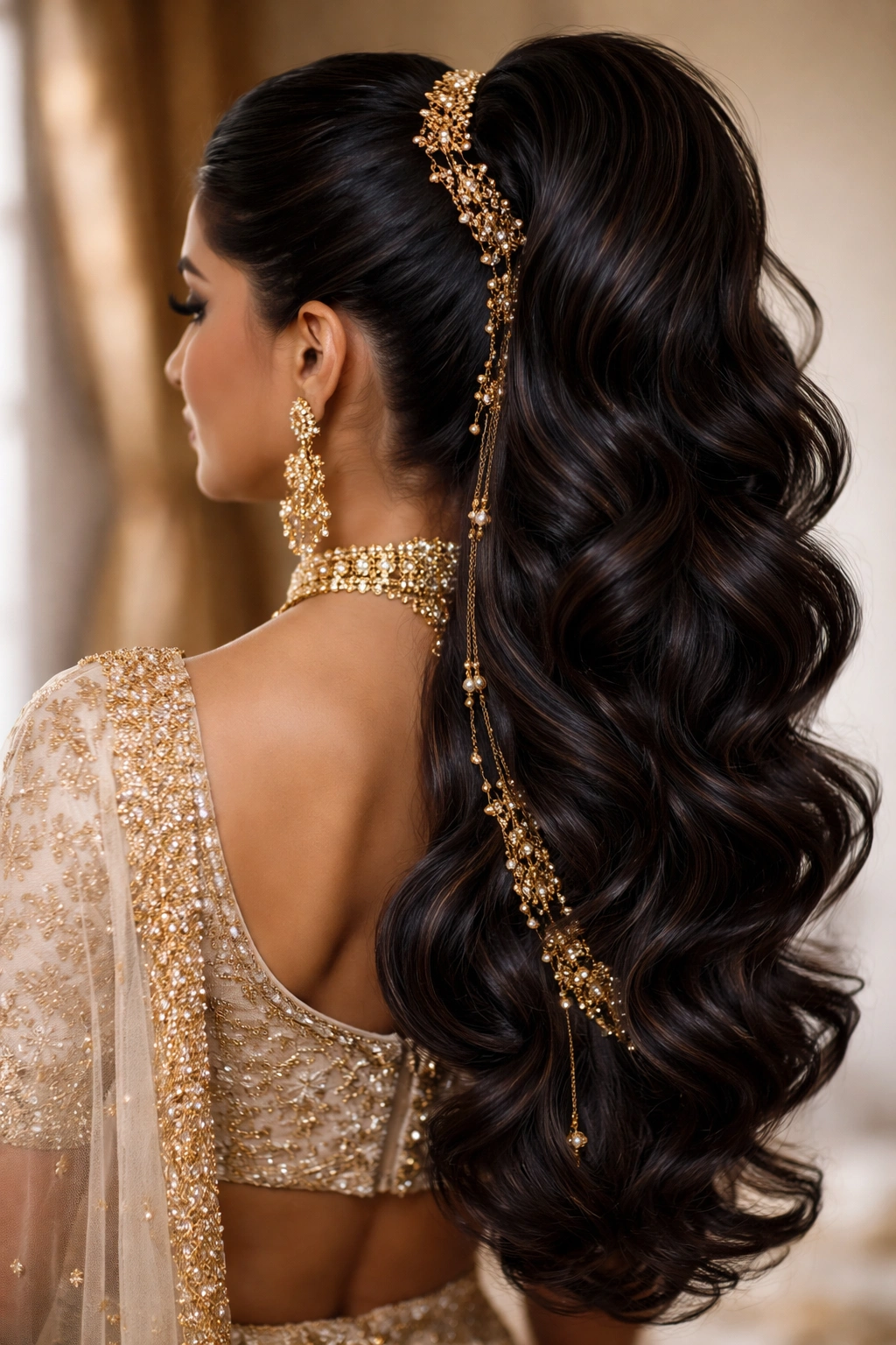 Kali ponytail with dramatic waves and gold accents for a bold bridal look.