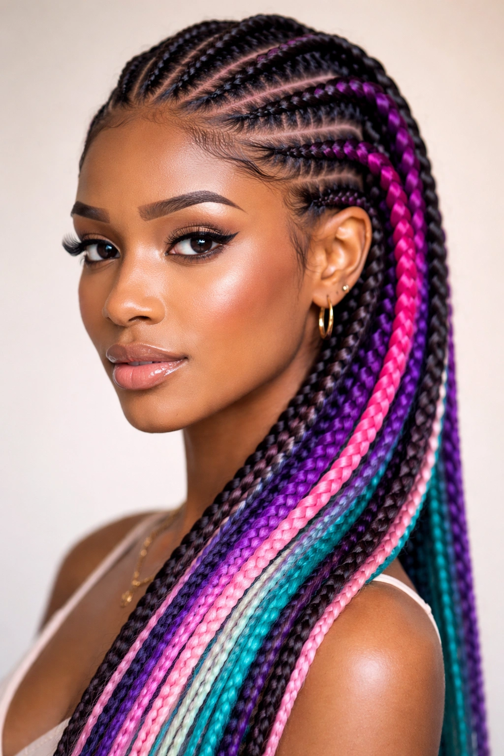 Feed-in cornrows with colored Kanekalon extensions woven in.