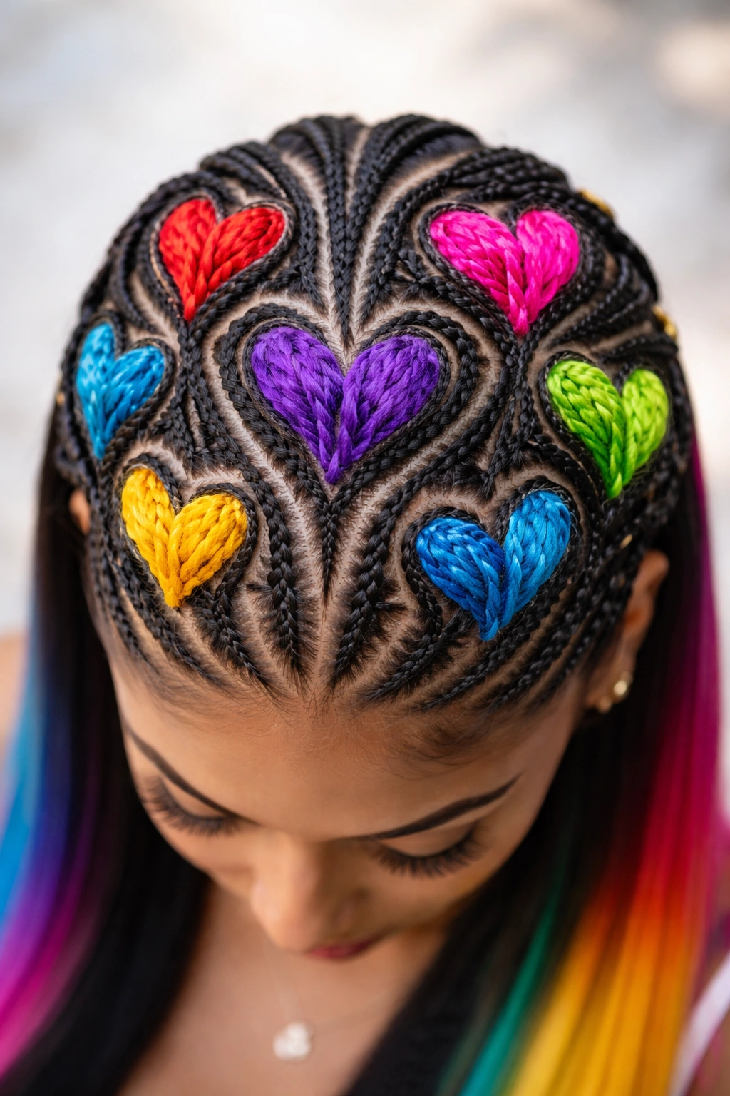 Crown of colorful heart braids with Kanekalon extensions