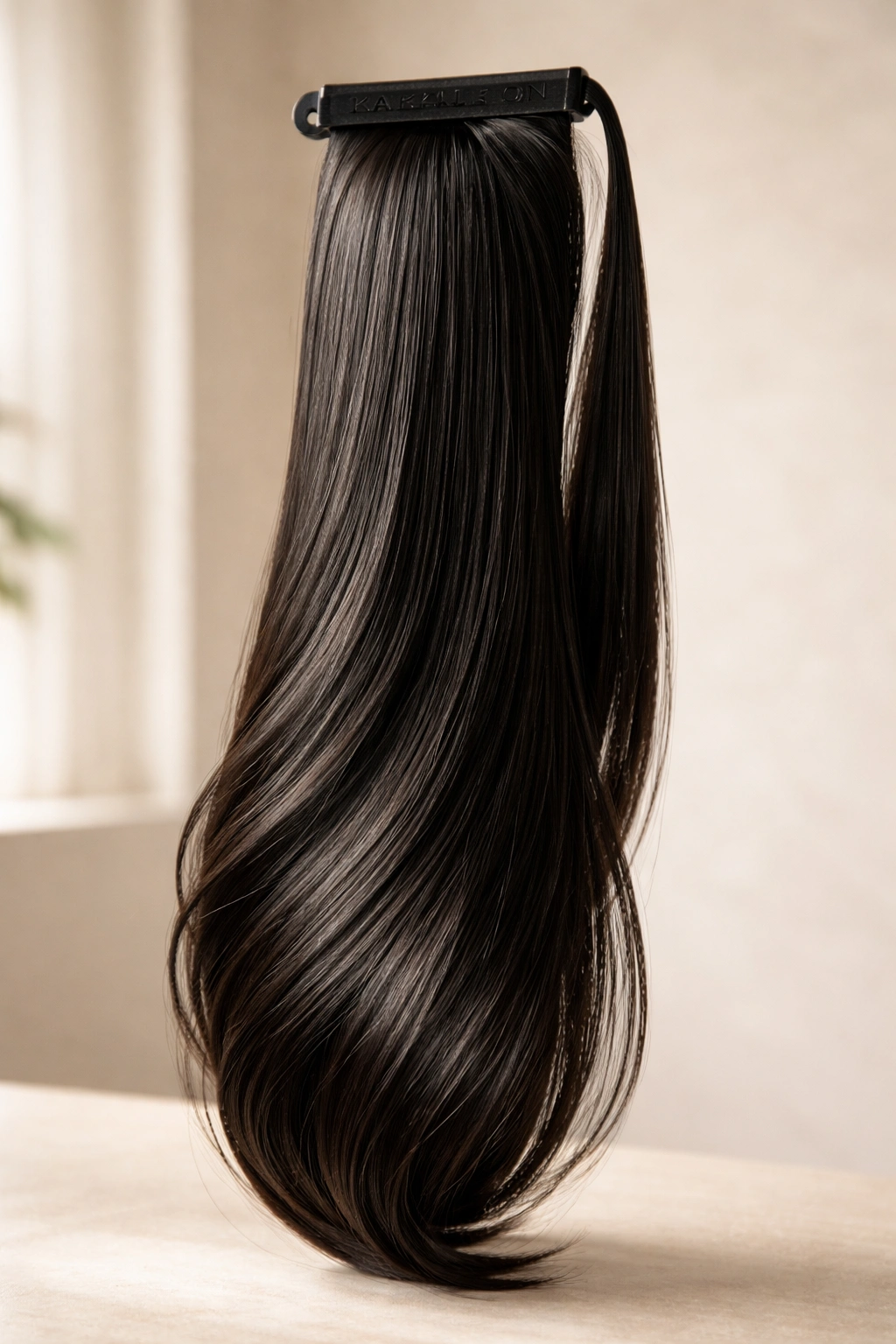 Close-up of Kanekalon synthetic ponytail extension on display