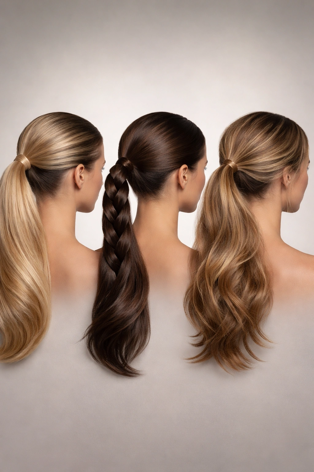 Three side ponytail silhouettes in profile showing classic high, braided, and textured matte variations