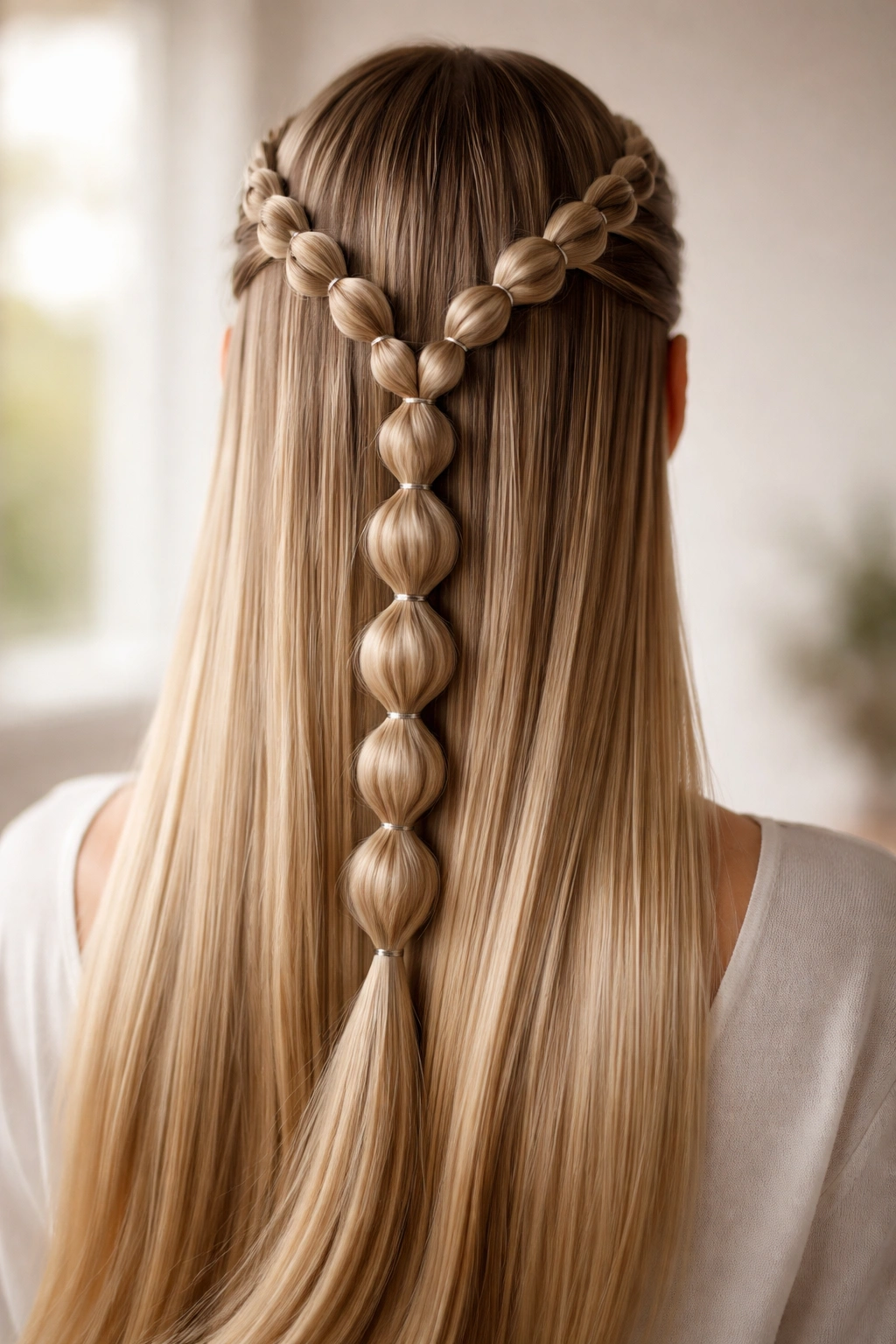 Abstract silhouette of straight hair with bubble braids around the crown