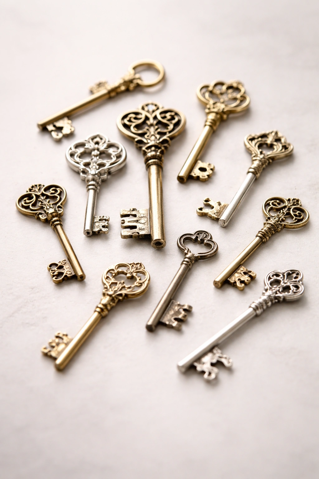Close-up of several metallic keys on a light surface, symbolizing key takeaways