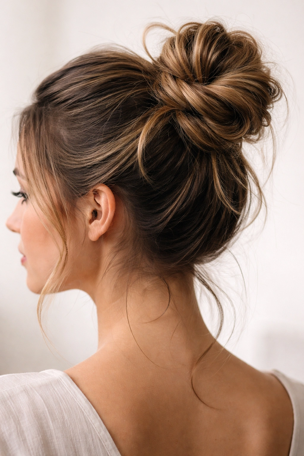 Knot bun created by tying hair into a knot and looping into a bun.