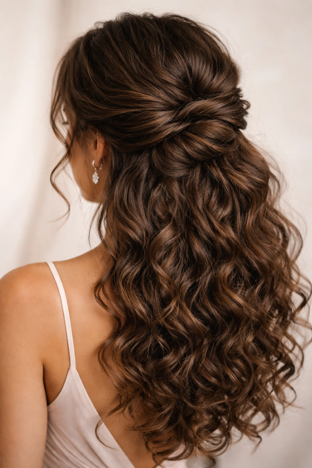 Front-side view of The Low Voluminous Knot Half-Up with a loose knot at the nape and surrounding curls.