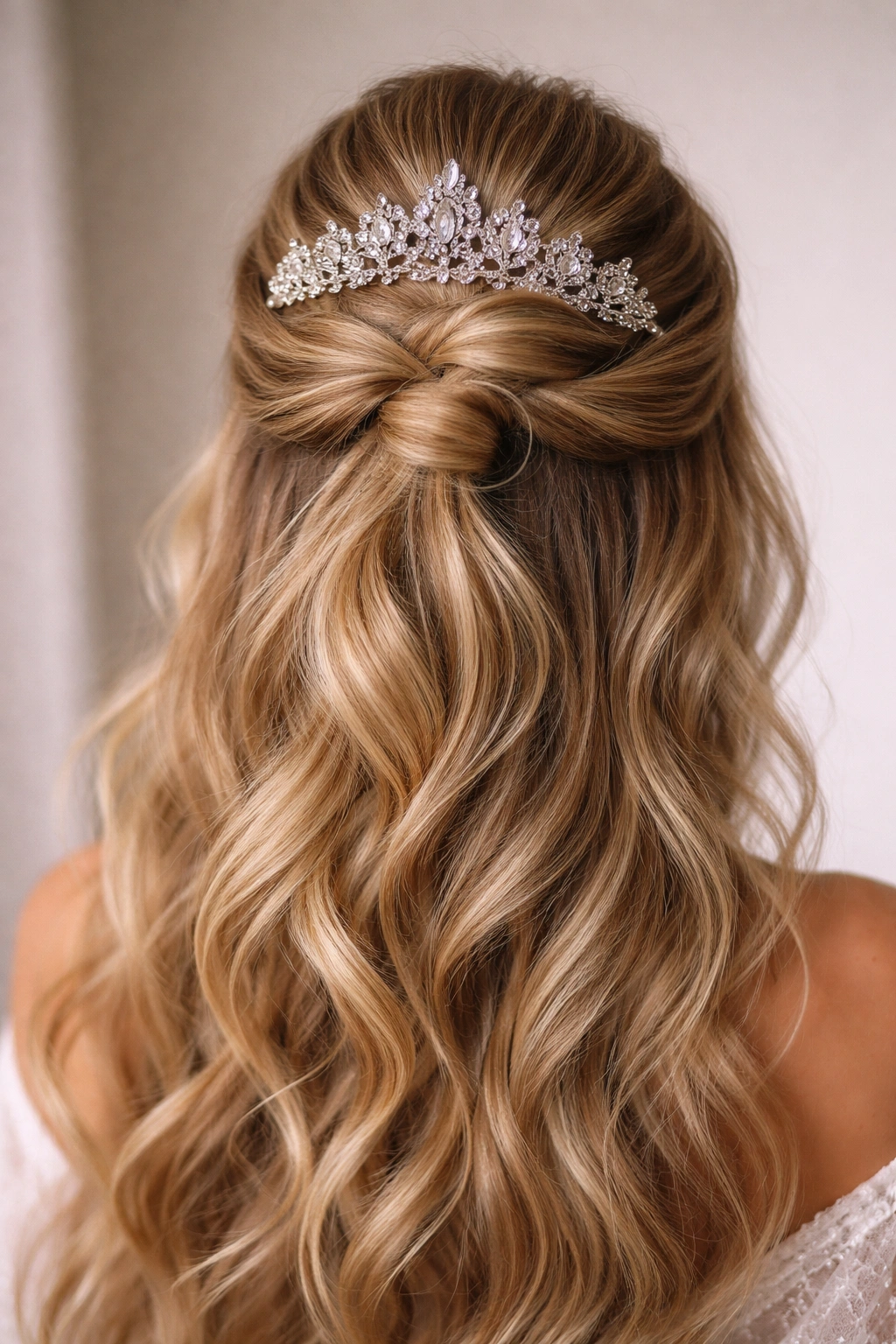 Close-up of textured half-up knot with tiara on model
