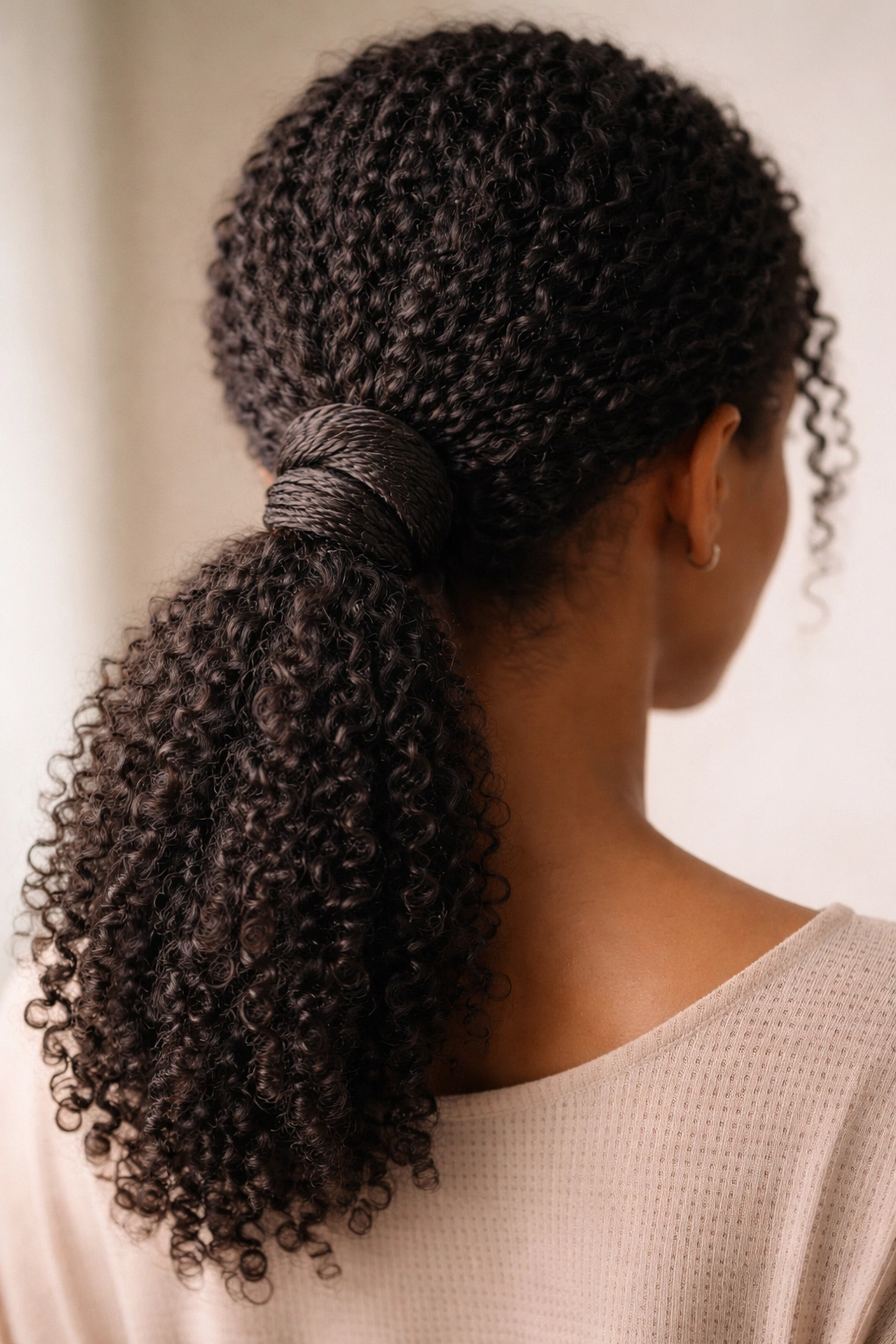 Back view of low knot ponytail with interlocked coils forming a knot at the nape
