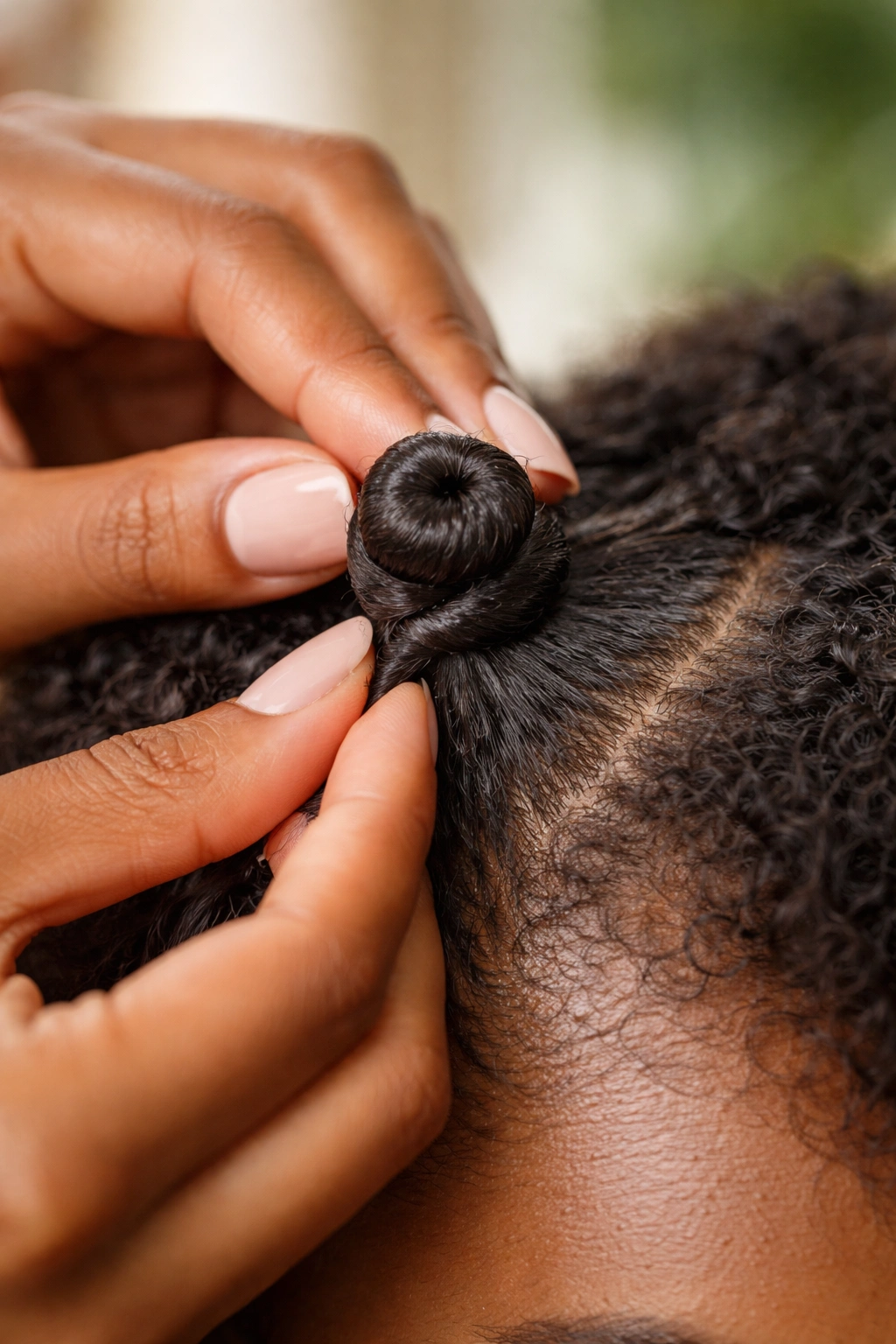 Fingers twisting damp hair into a neat Bantu knot at the scalp