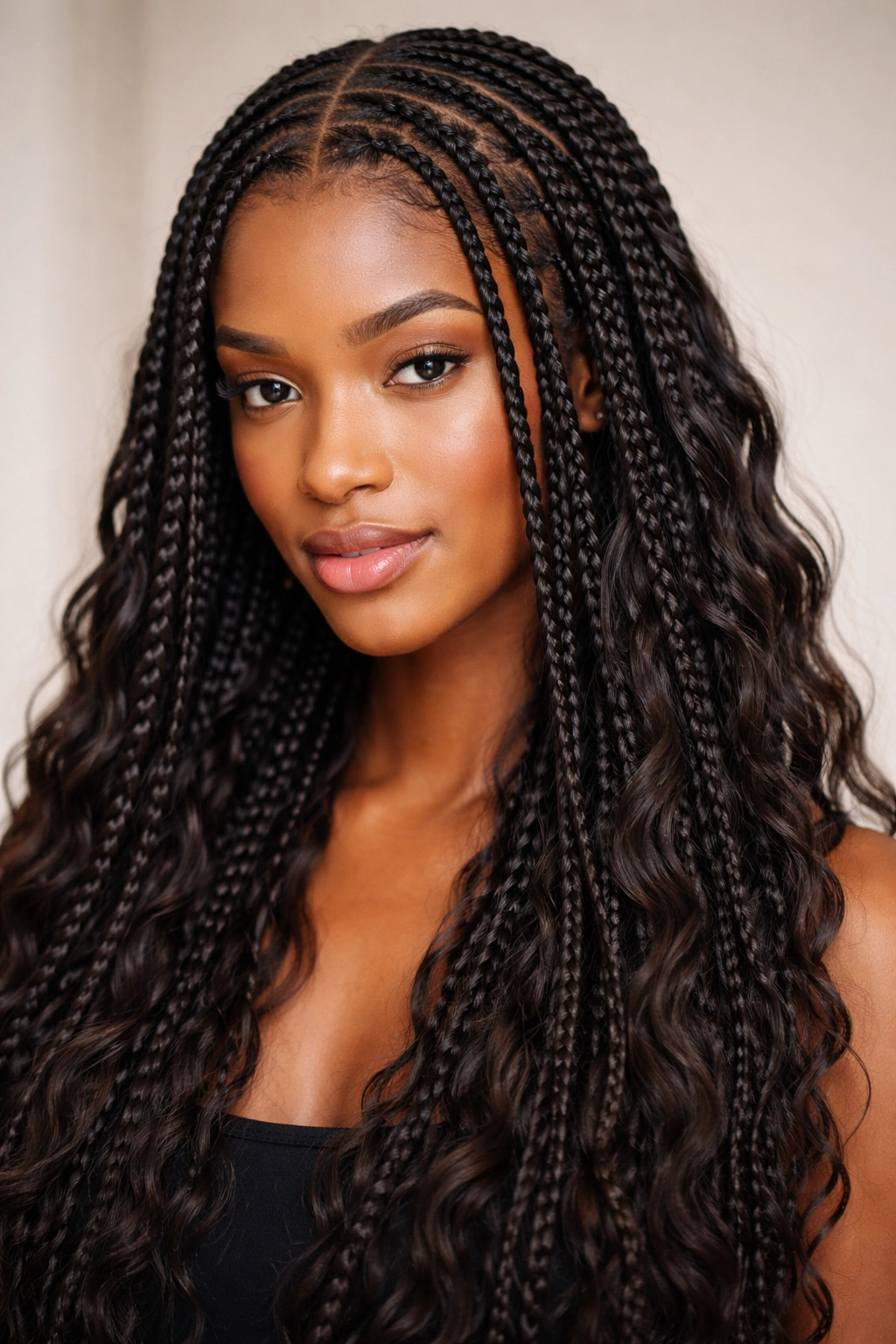 Close-up of knotless box braids on wavy hair with root wave definition