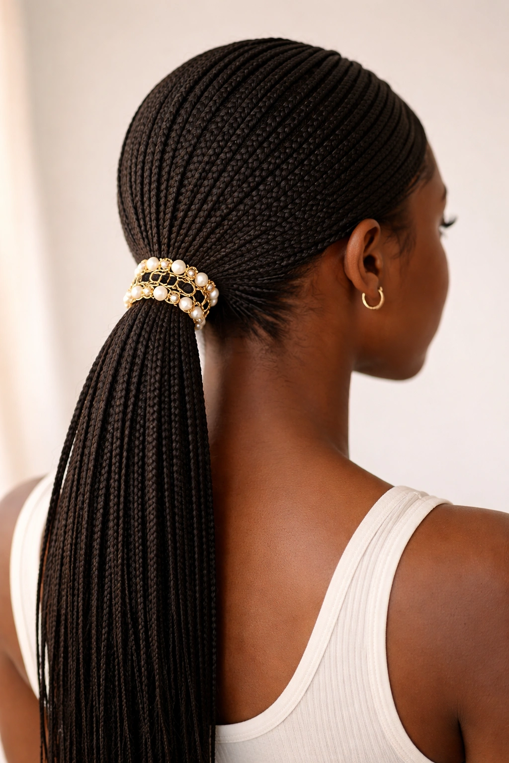 Low knotless braid ponytail with a decorative accessory at the base