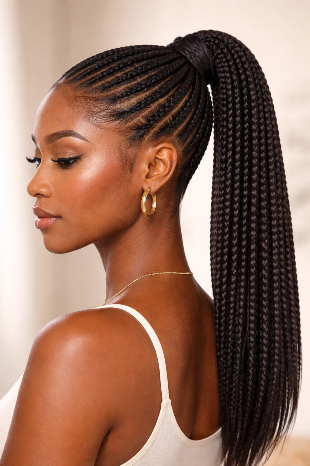 Close-up knotless braided ponytail hairstyle on Black woman