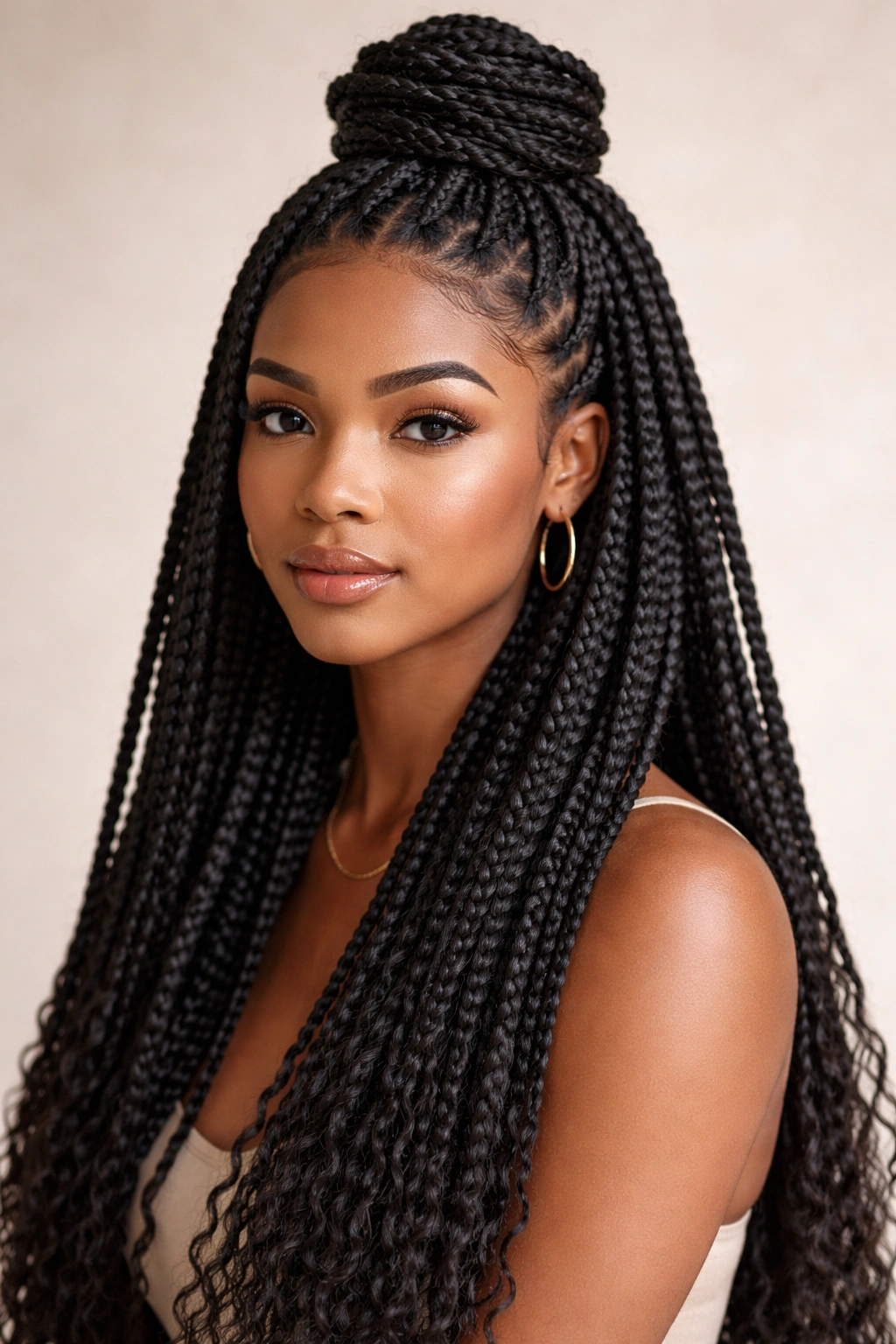 Thick knotless box-braid style with wrapped top half-up