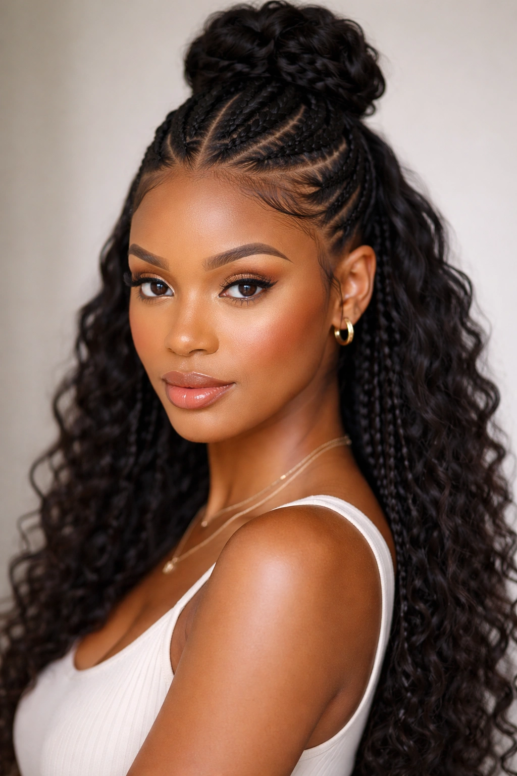 Close-up of center-part knotless braids with curved sections and top bun on curly hair