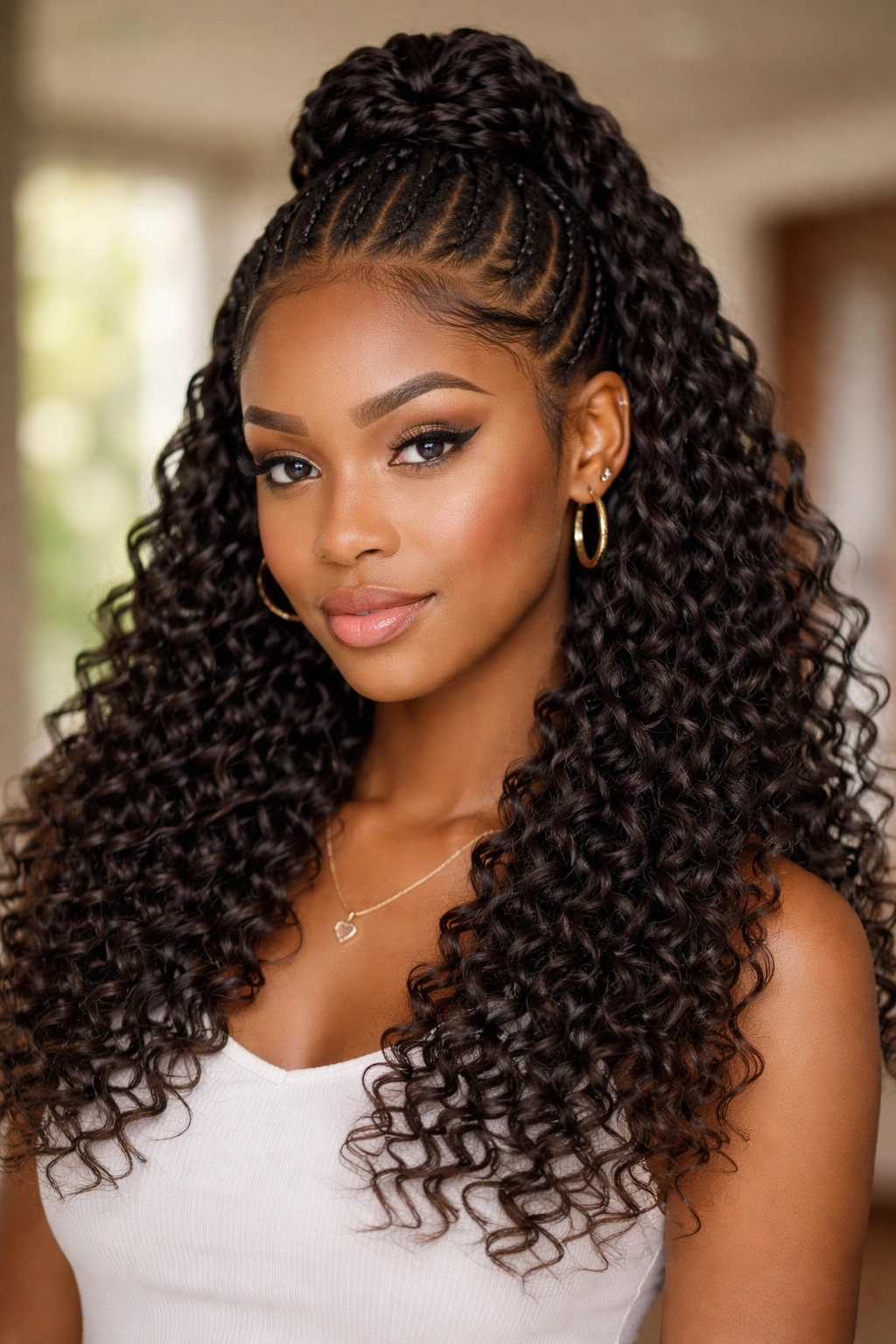 Knotless braids crown with crochet curls and defined edges