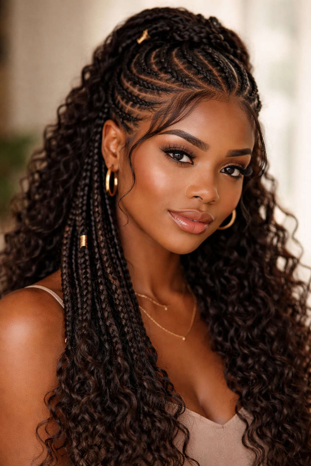 Front swoop goddess knotless braids framing the face with curls behind