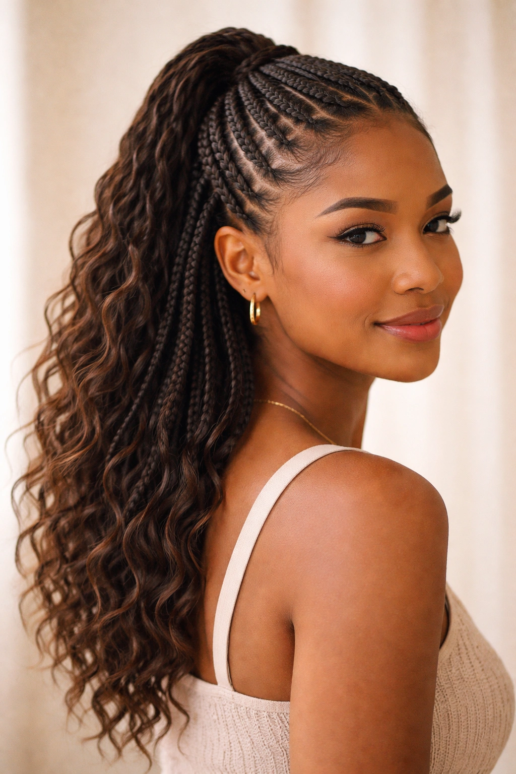 Close-up portrait of knotless braids in a half-up style on medium-length hair