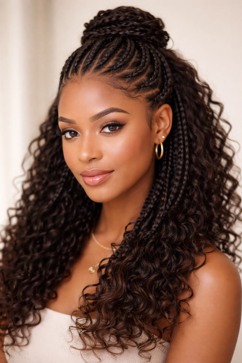 Close-up of knotless braid half up half down hairstyle on curly hair with soft studio lighting