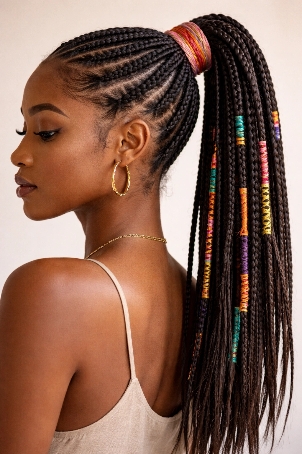 Knotless braids ponytail with colorful wraps around the base
