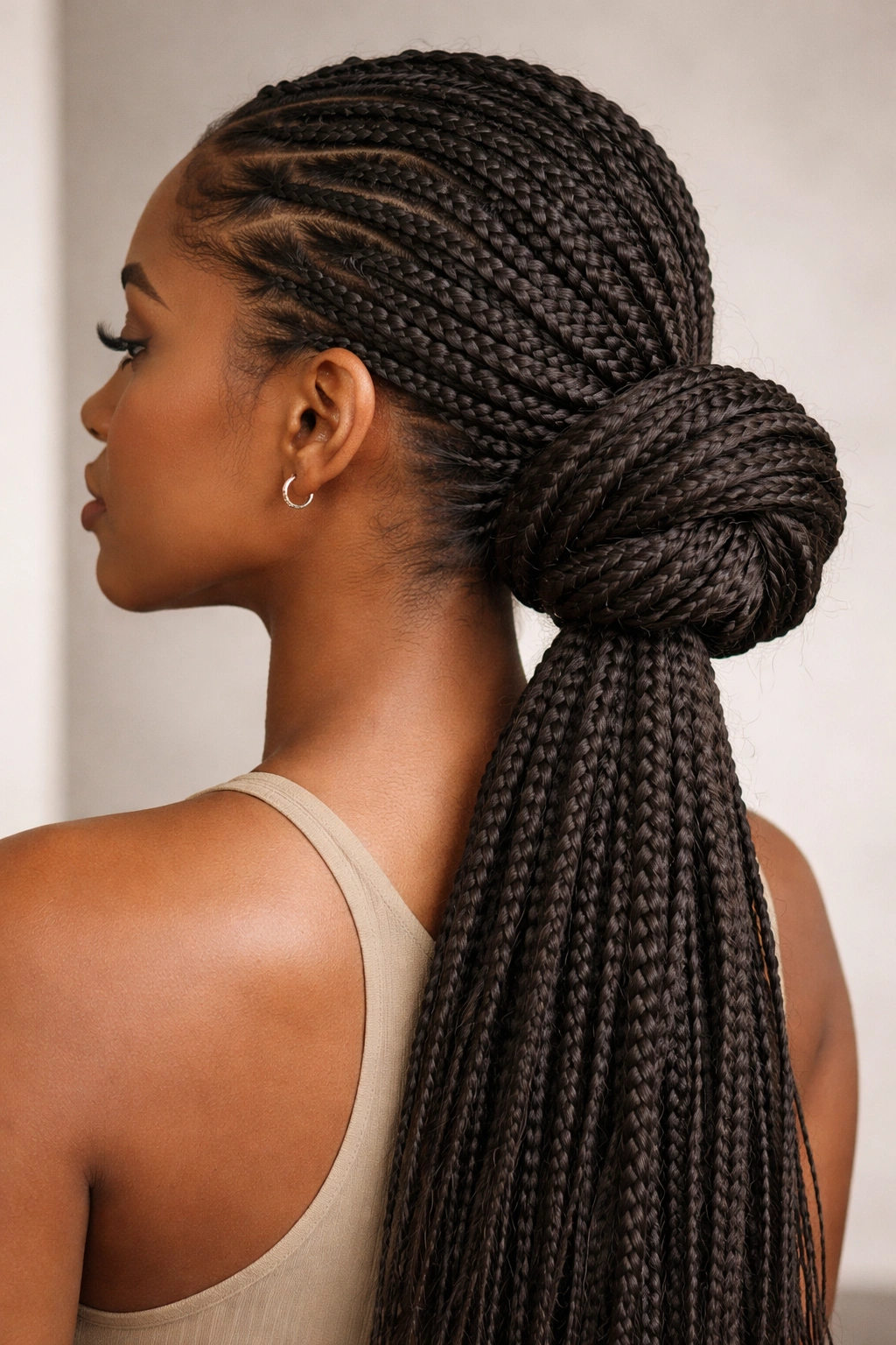 Close-up of a low side knot made with knotless braids, with exterior wrap