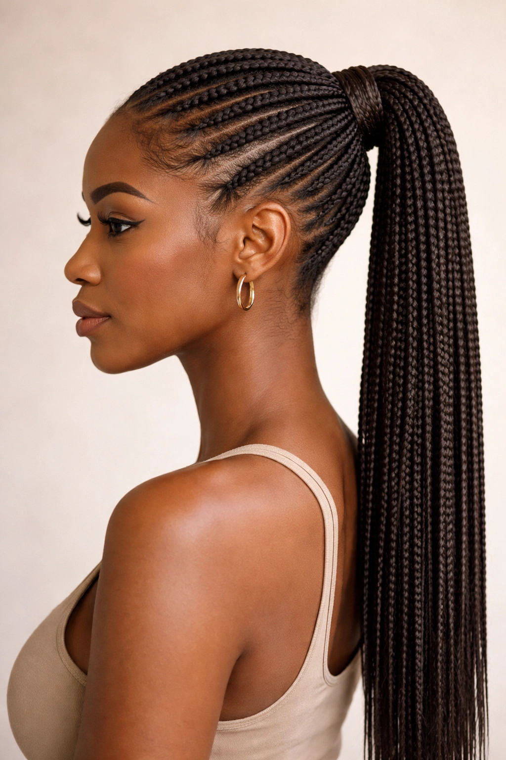 Profile view of knotless braids forming a sleek ponytail