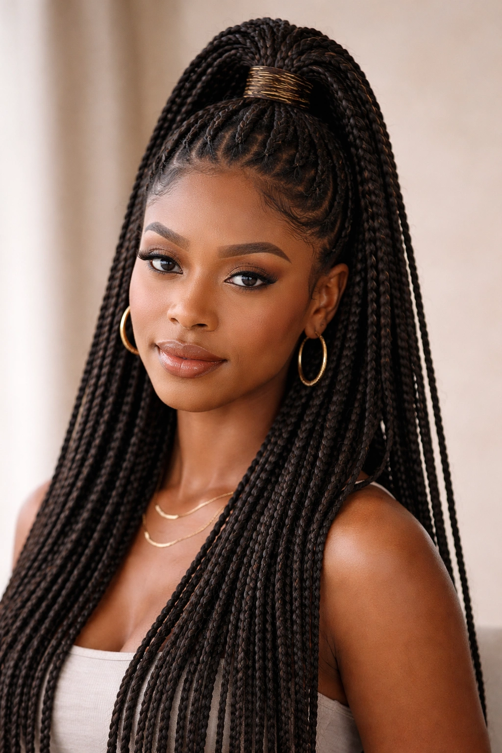 Knotless braids half-up with thread wrap around crown