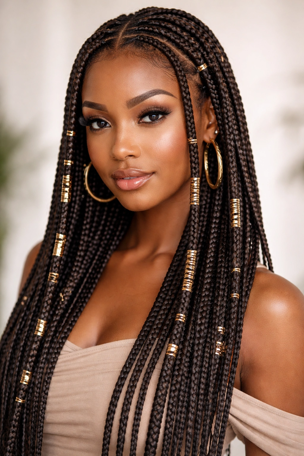 Knotless braids with wrapped metallic thread sections for texture