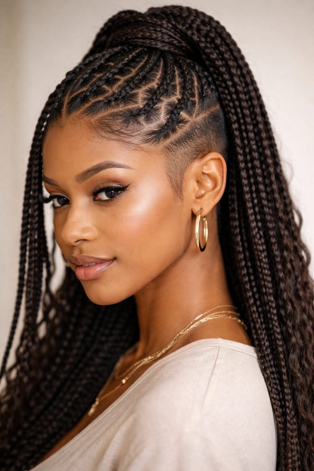 Zig-zag knotless braids across scalp with half-up style and side shave detail