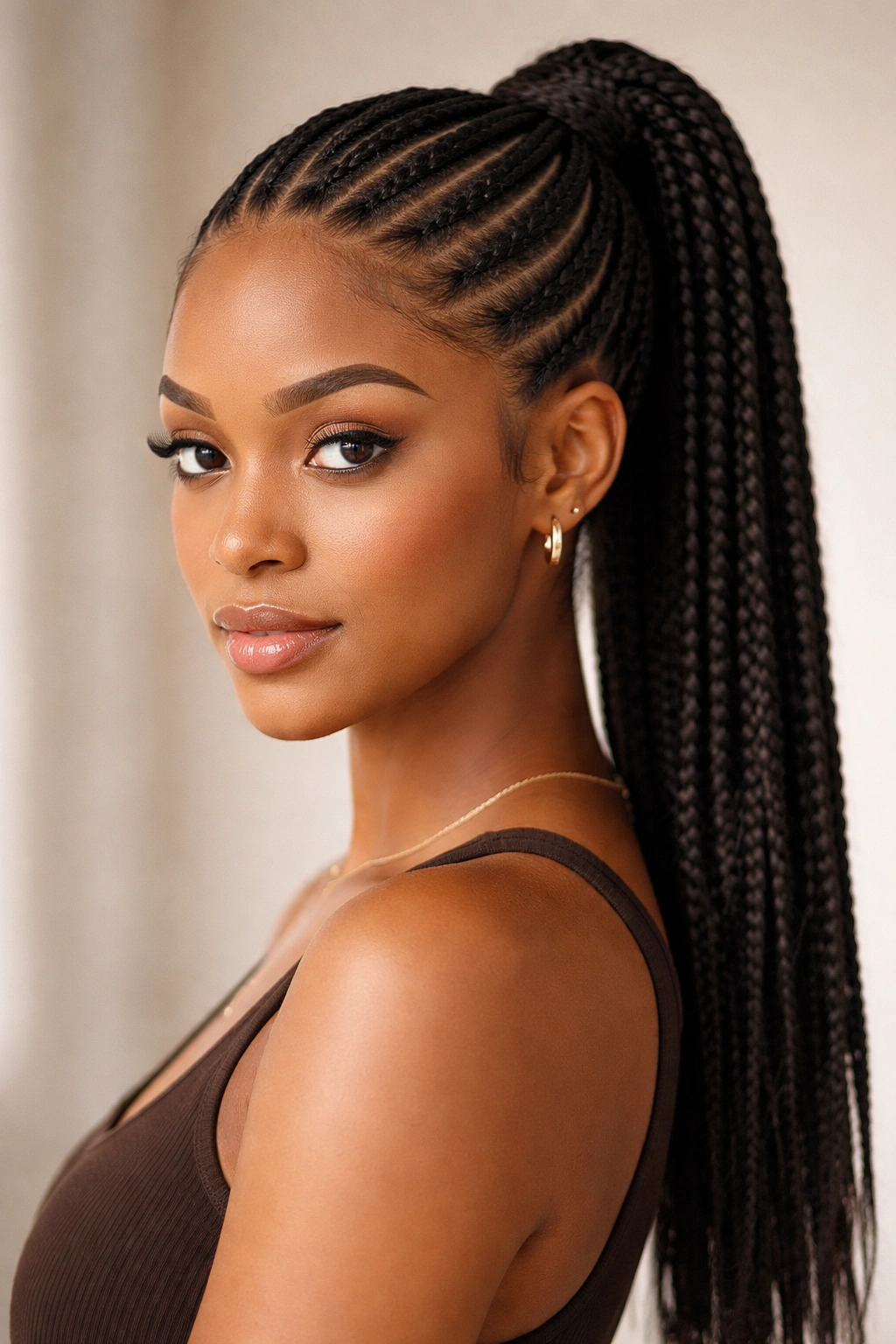 Knotless cornrow ponytail with seamless scalp and natural braids