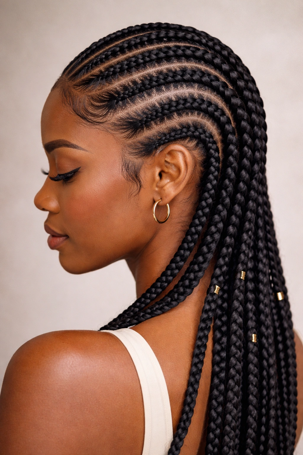 Close-up of knotless cornrow hairstyle on a Black woman with fed-in braids and smooth scalp