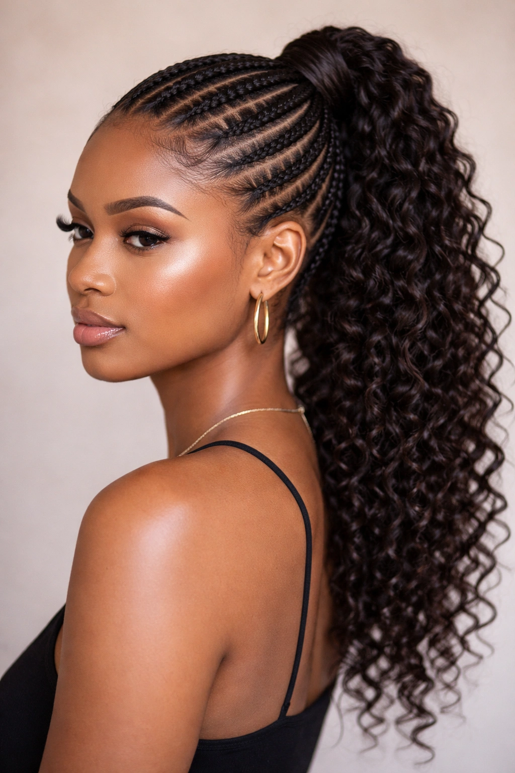 Knotless cornrows forming a smooth ponytail
