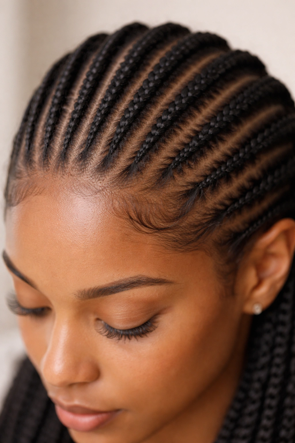 Close-up of knotless cornrows along scalp with natural hair at the roots