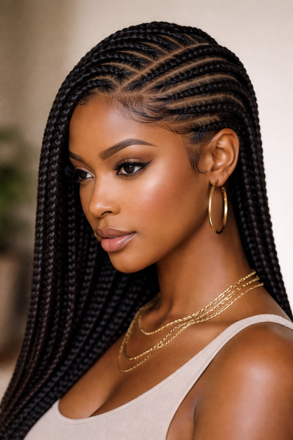Close-up of knotless cornrows with a deep side part on dark hair