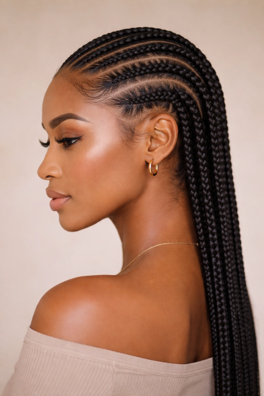 Close-up of a head with classic sleek back knotless cornrows showing straight, flat braids along the scalp