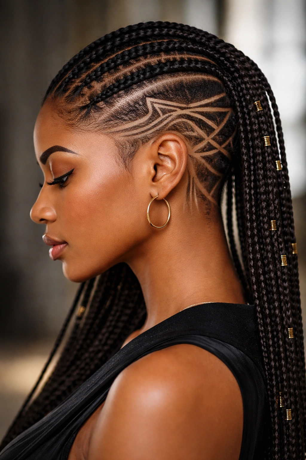 Knotless cornrows with shaved sides and geometric designs
