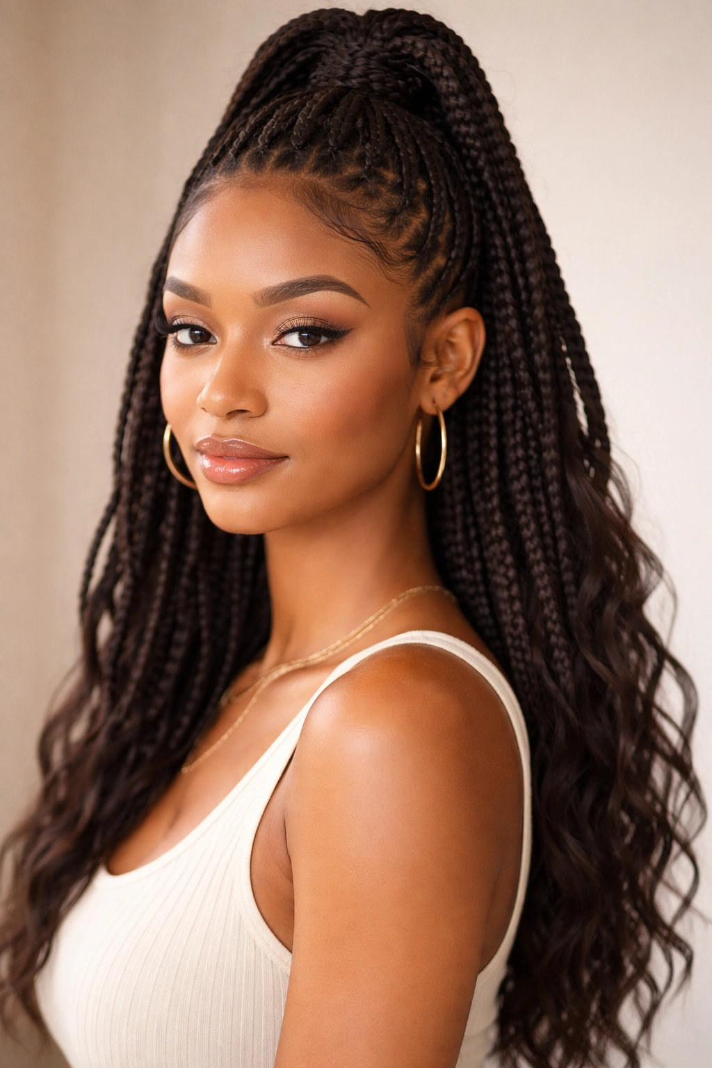 Close-up of a high crown knotless half-up braid with loose hair