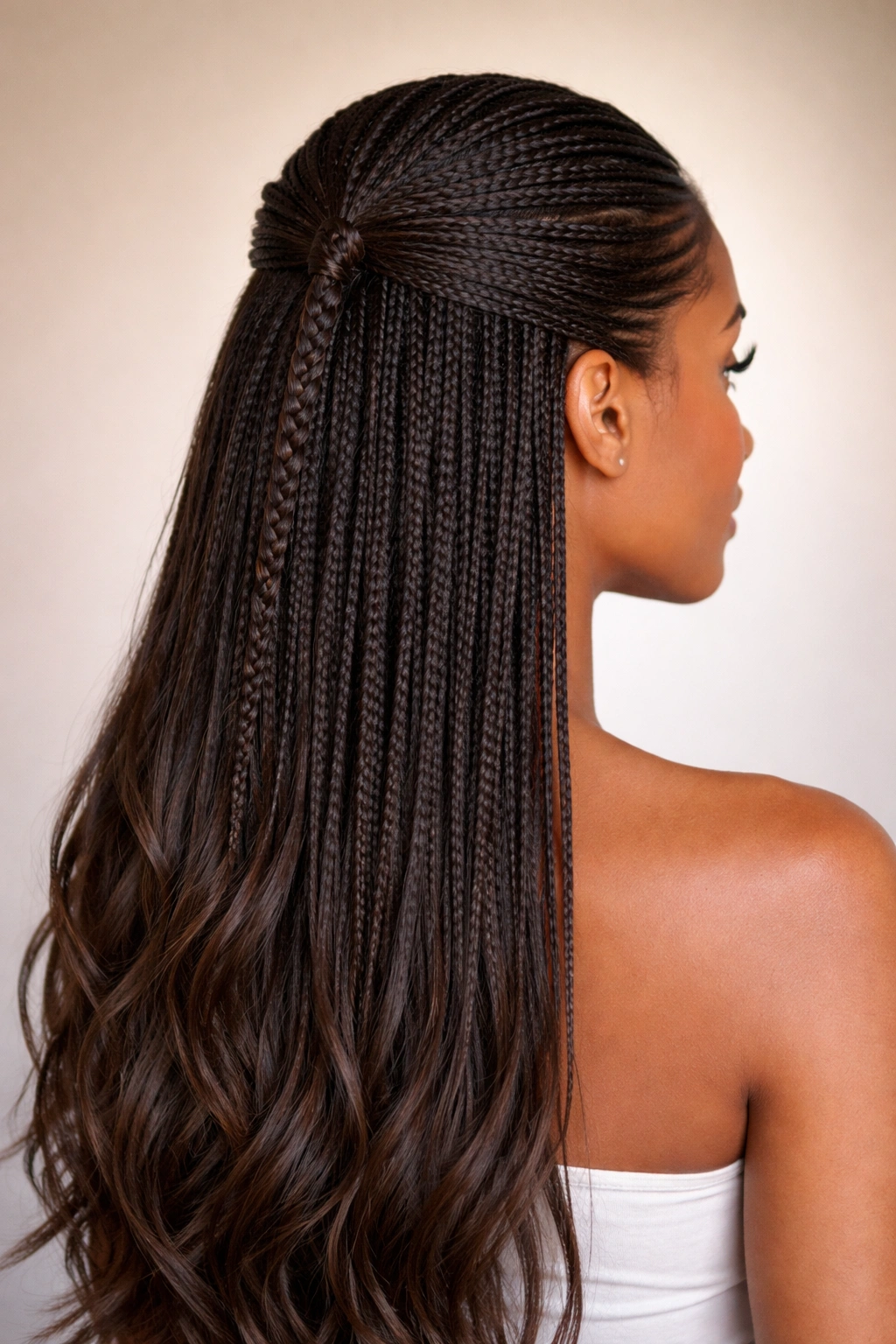 Close-up of classic knotless half-up hairstyle featuring a single braid at the crown.