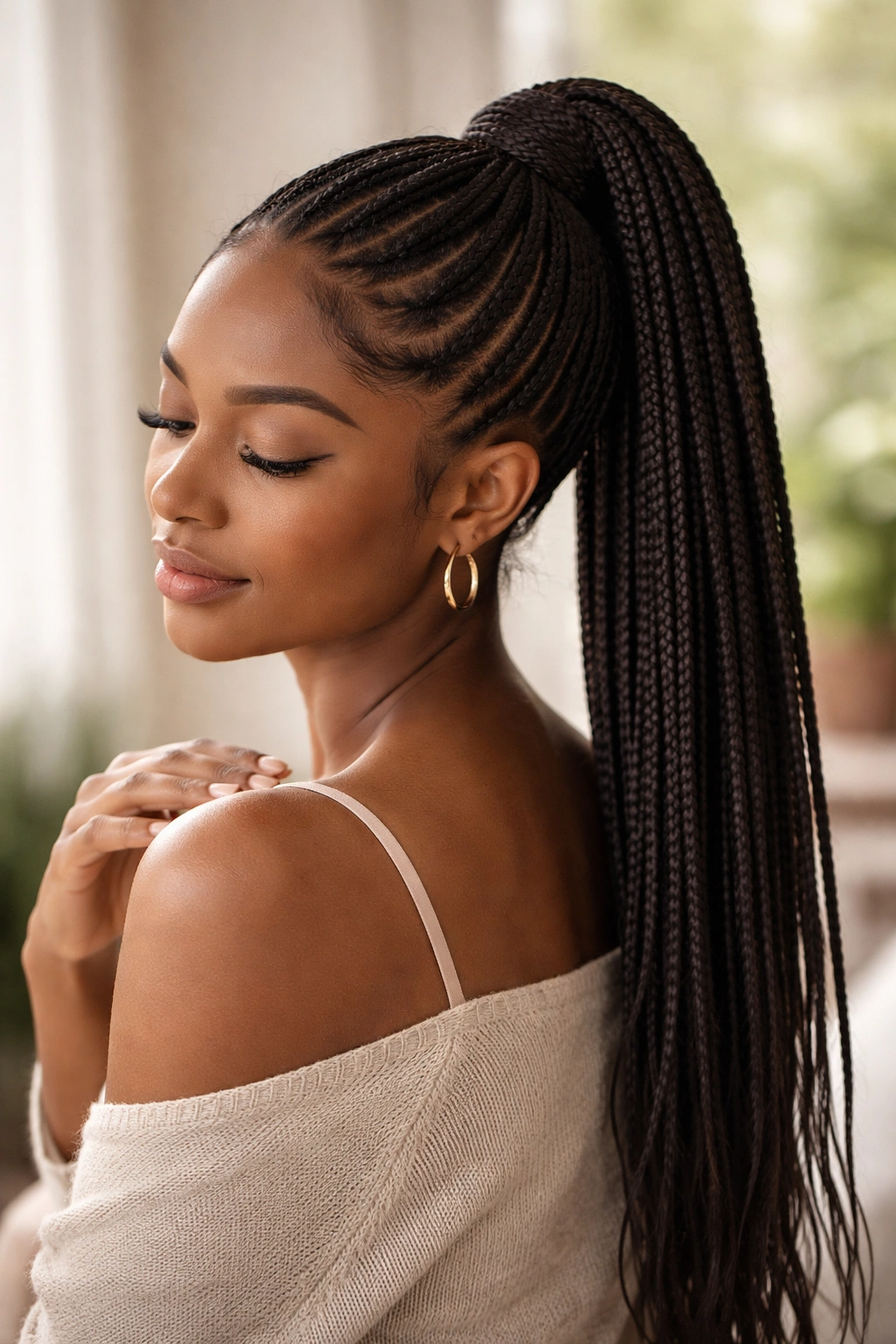 Serene portrait of a person with knotless braid ponytails, emphasizing comfort