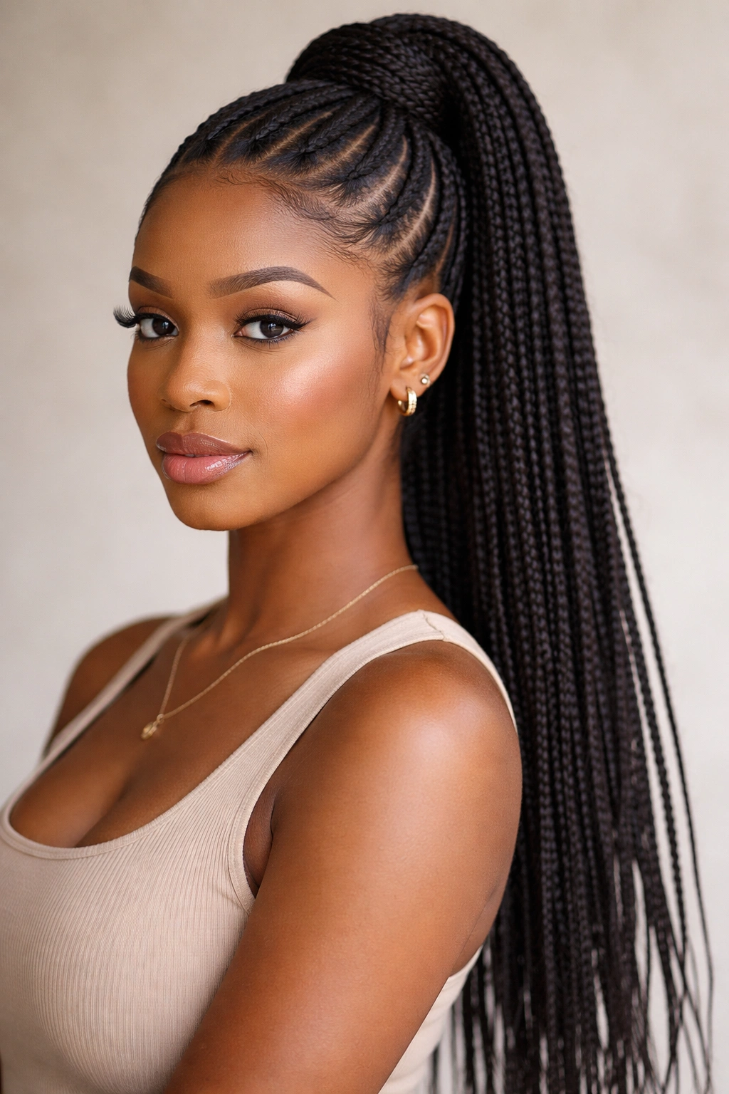 Knotless stitch braid ponytail showing soft, tapered silhouette
