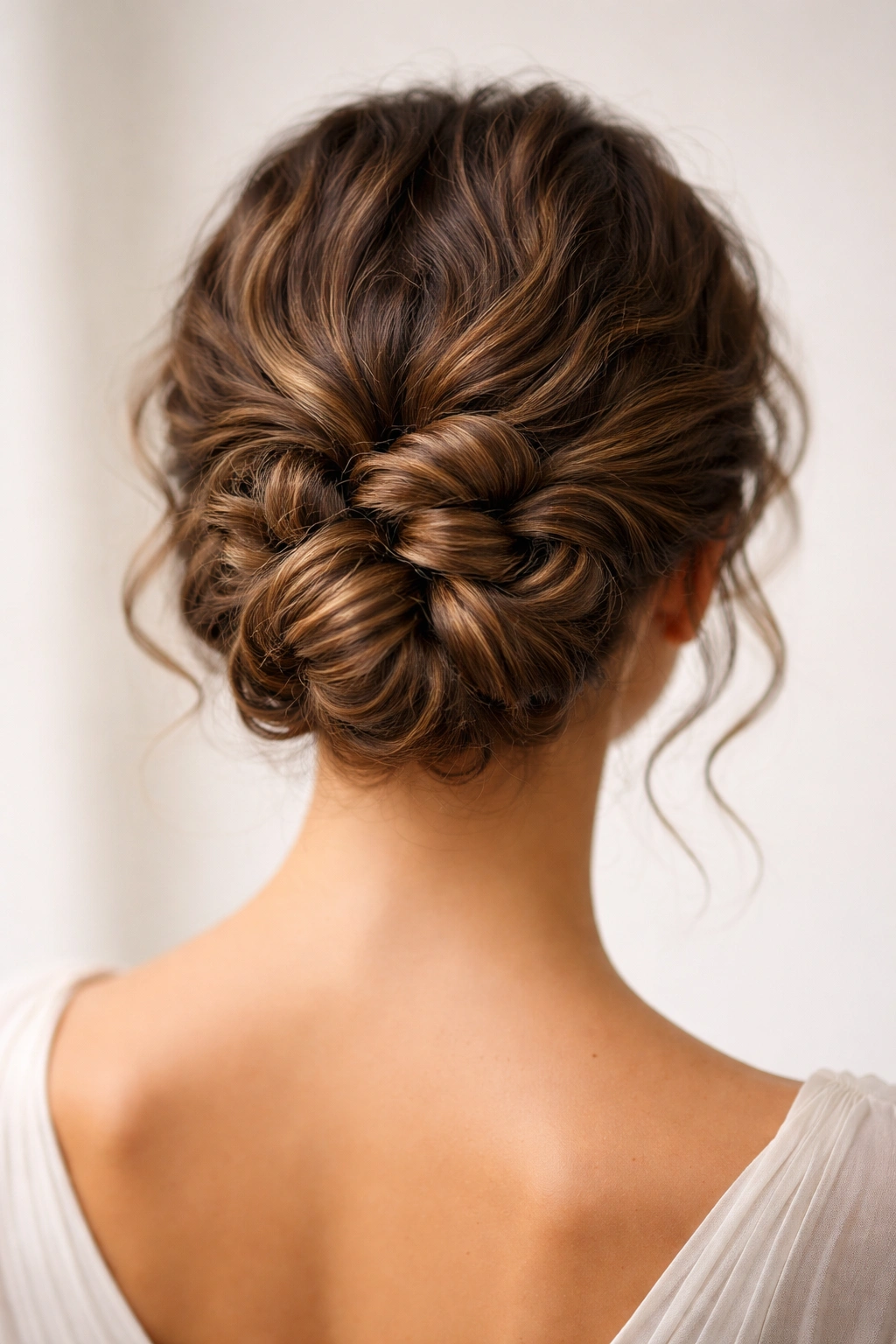 Back view of knotted chignon with sculptural knots
