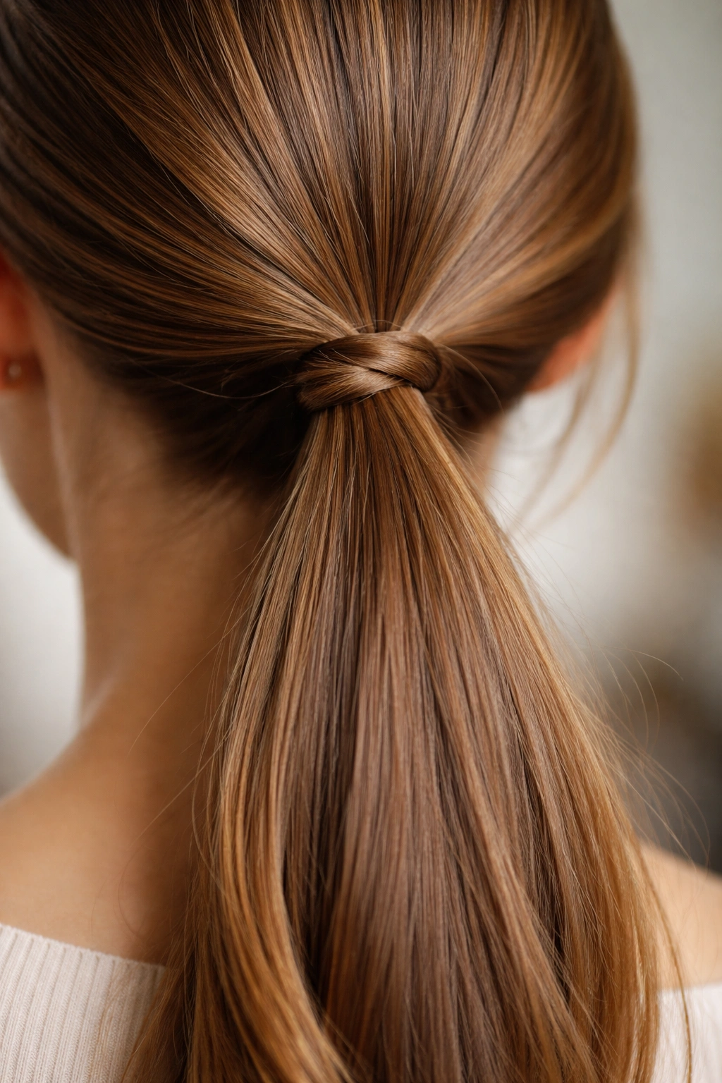 Close-up of a ponytail secured with a tiny knot formed from a strand of hair at the base