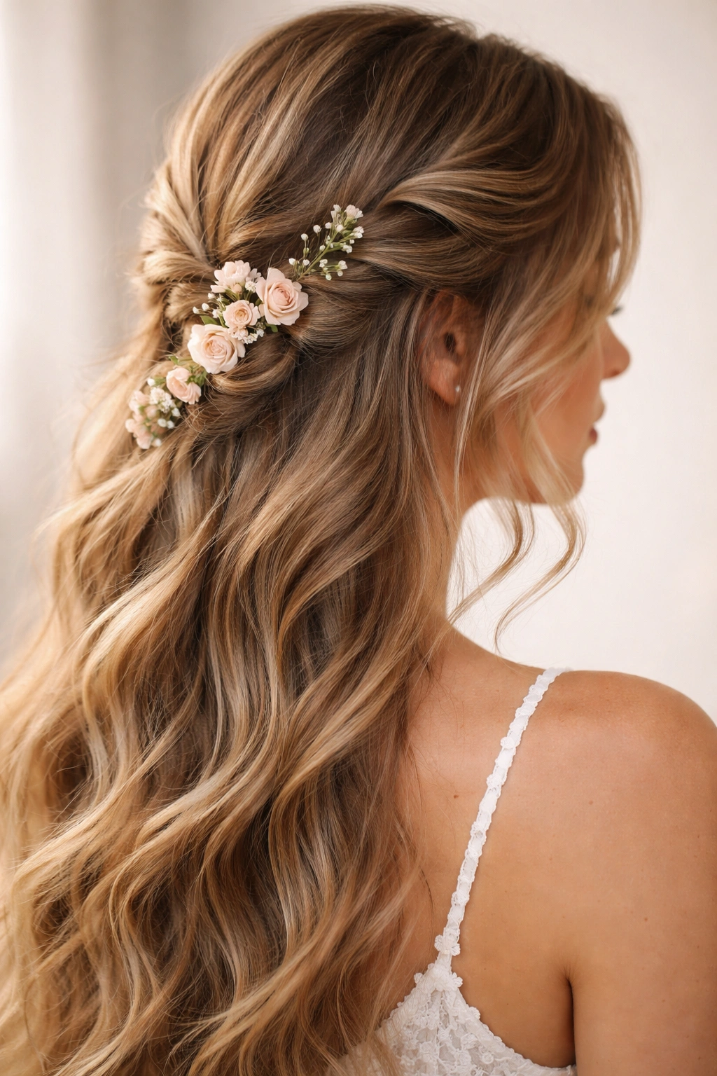 Knotted half-up hairstyle with delicate floral accents tucked into knots