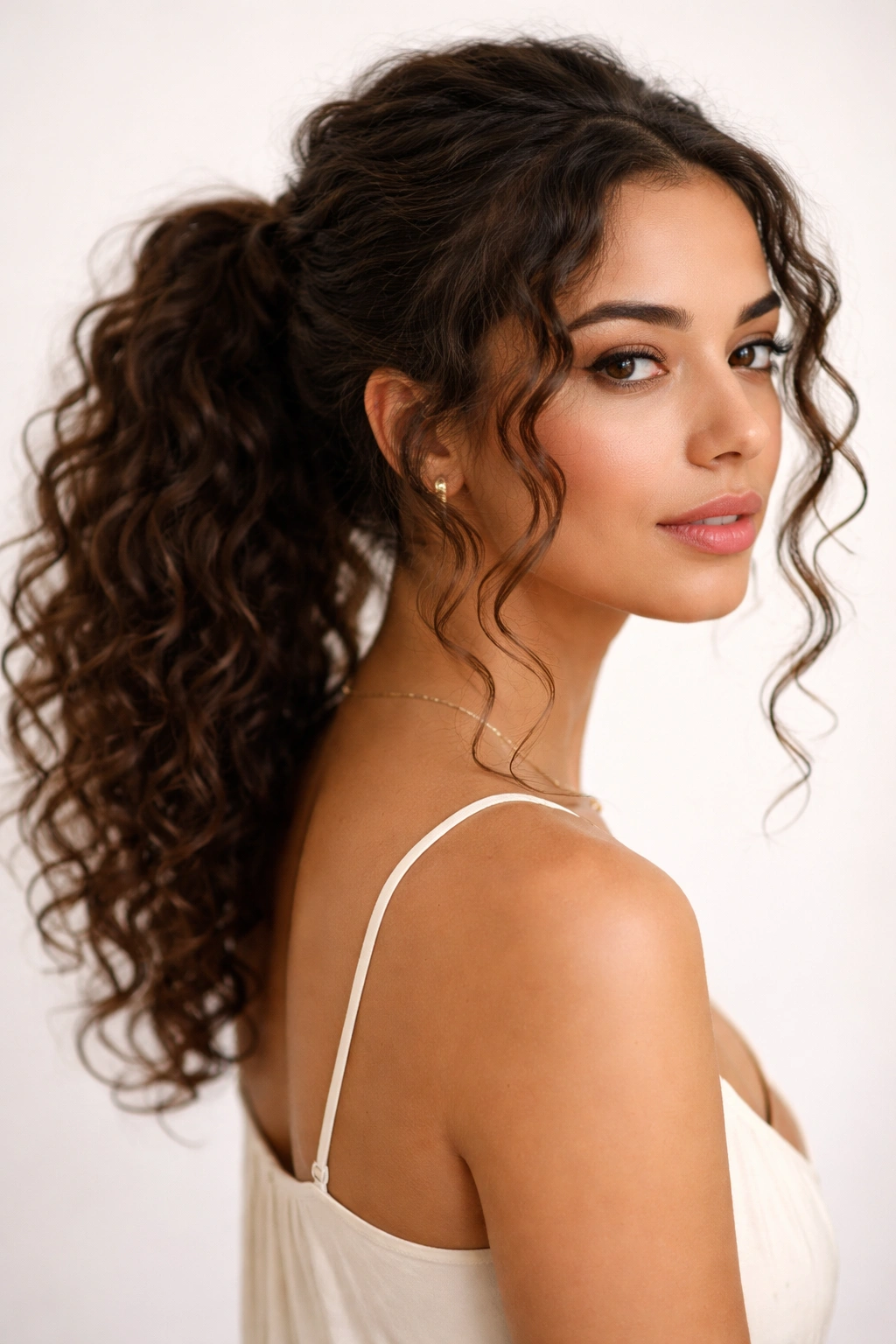 Curly mid-ponytail knotted with tendrils framing the face