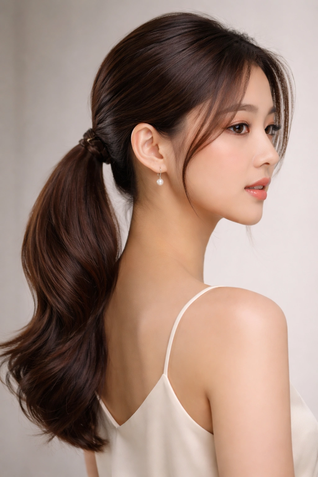 Close-up of a polished Korean low ponytail hairstyle on a model in a studio setting