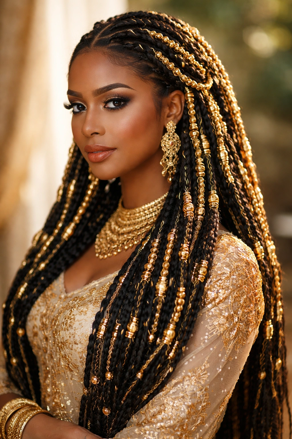 Kurdin Jari hairstyle with extensive gold beads catching the light