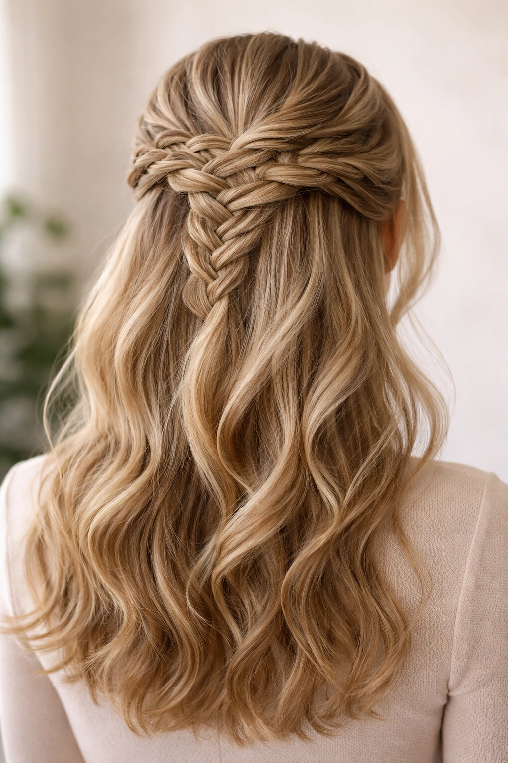 Intricate lace braid half-up with soft waves beneath