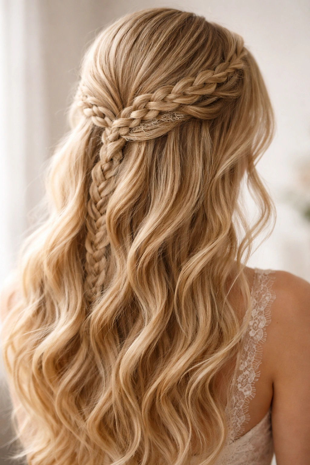 Close-up of blonde hair with a delicate lace braid detail woven beside a traditional braid at the crown