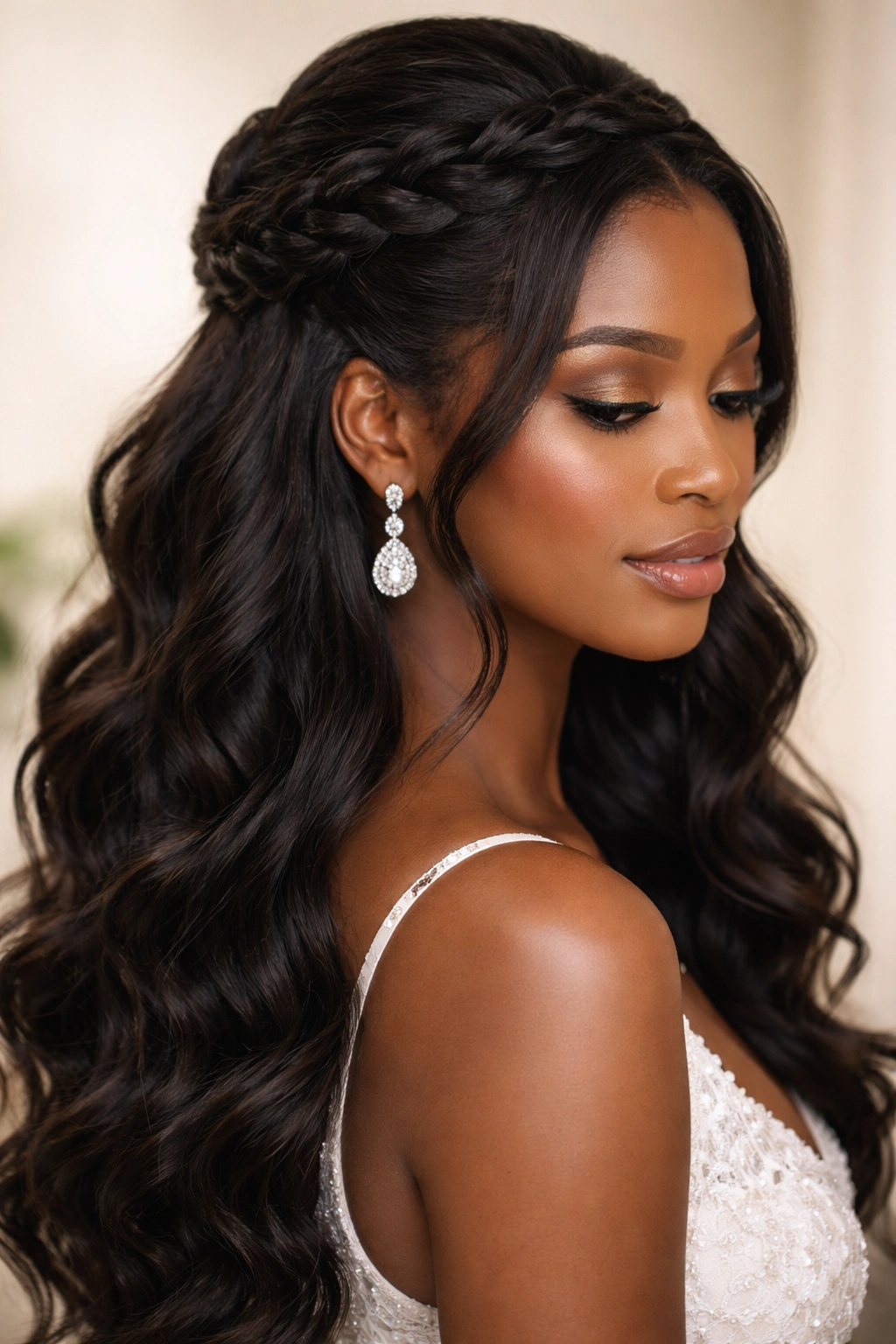 Close-up of a bridesmaid hairstyle showing a lace braid half-up design with flowing hair below.