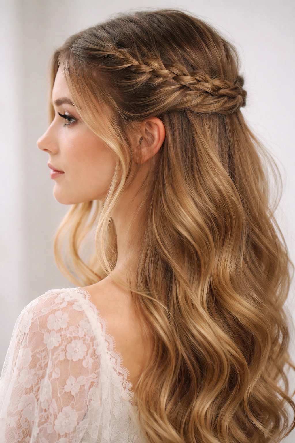 Profile view of delicate lace braid half-up hairstyle